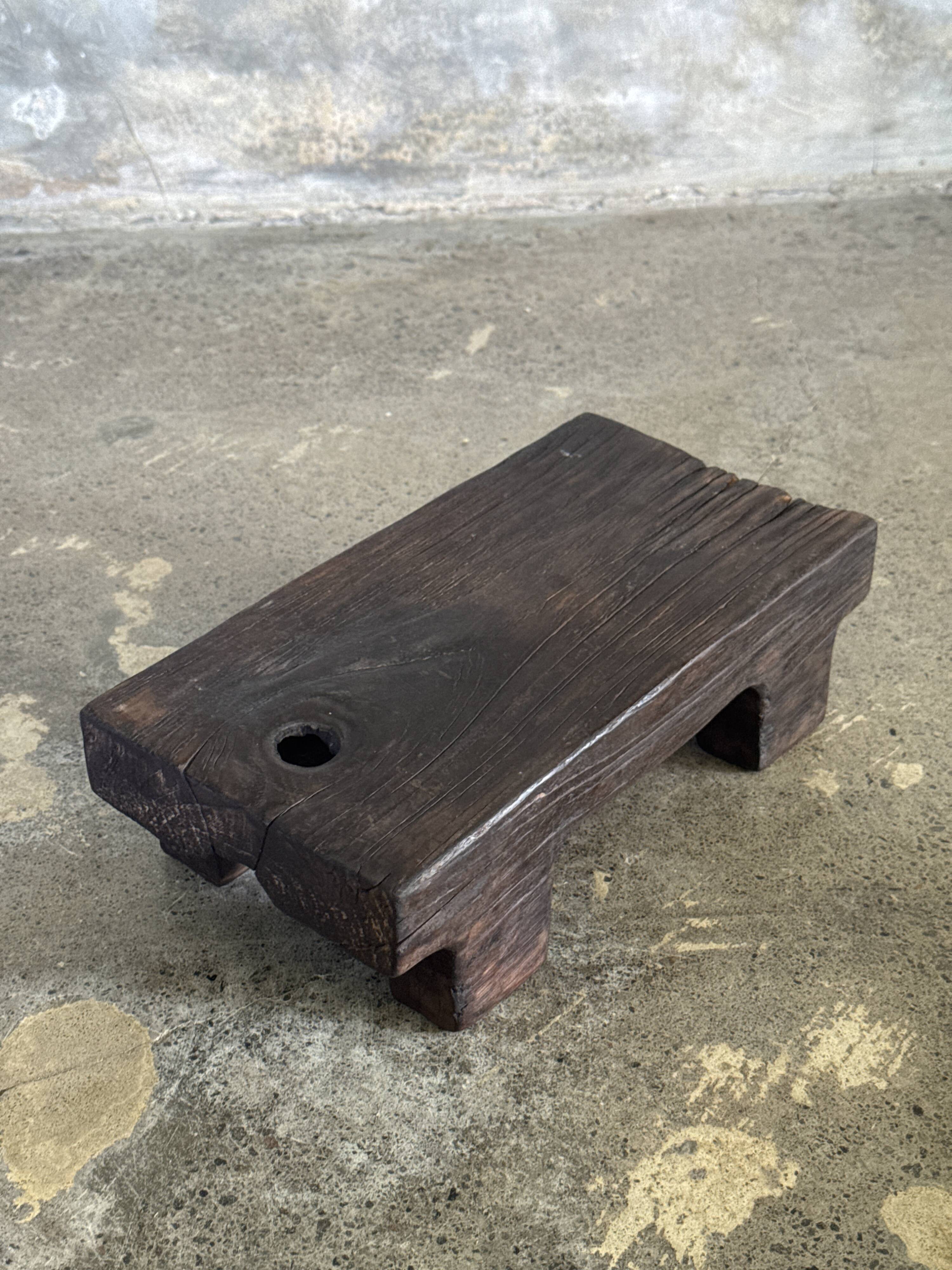 Small stool, black solid teak accent stool wabi-sabi L30 W8.5 H6.