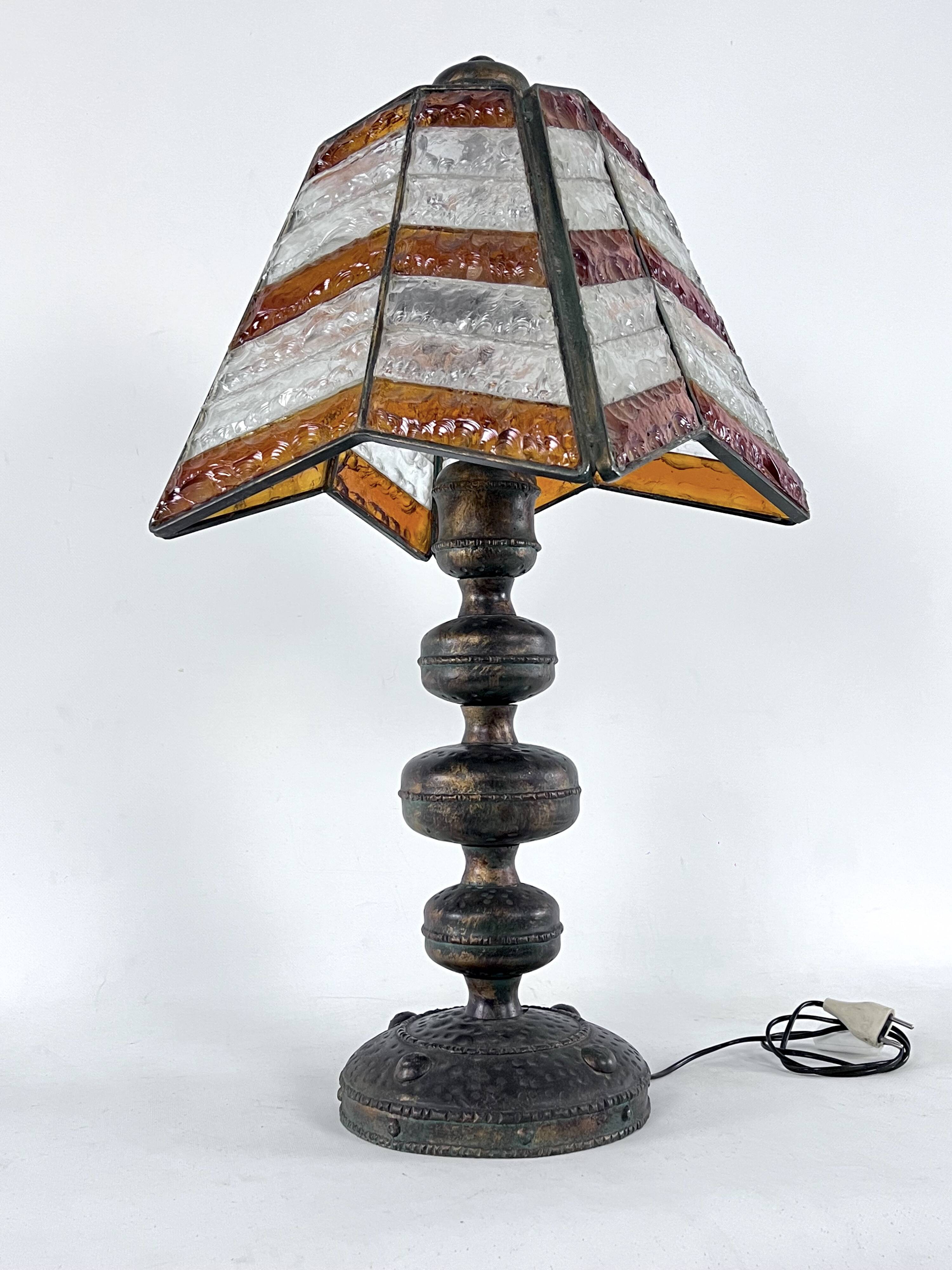 Monumental brutalist thick glass and metal table lamp by Longobard. Italy 1