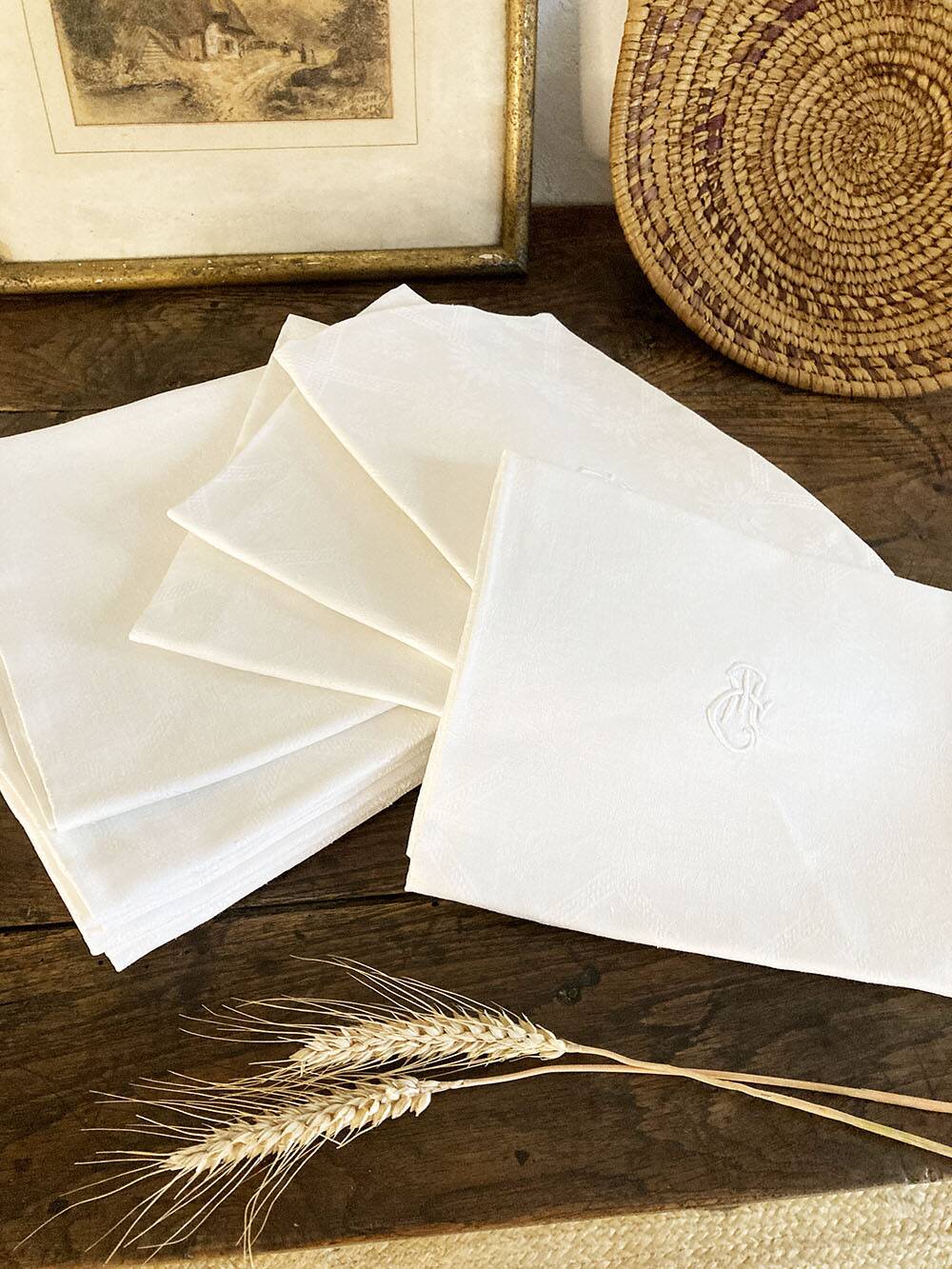 12 antique damask and monogrammed napkins