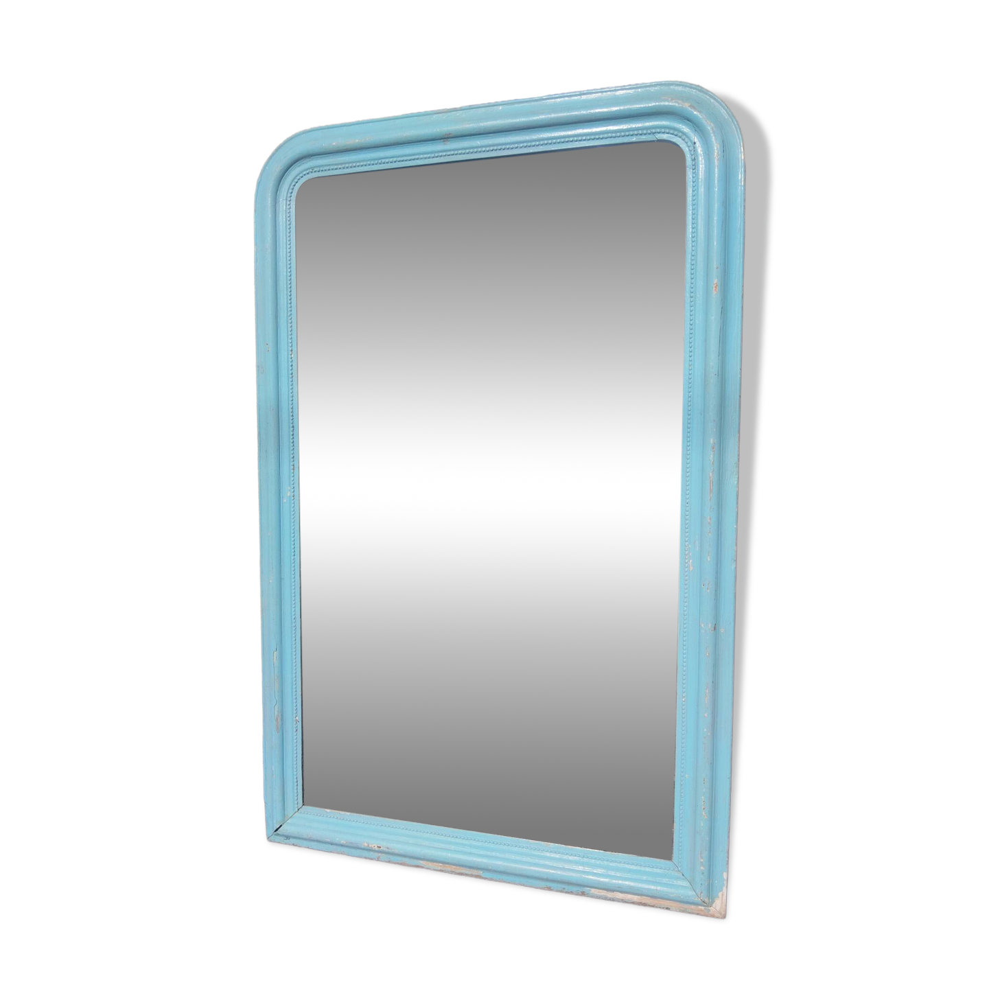 Large Louis-Philippe mirror from the 19th century in wood and stucco with a turquoise blue patina.
