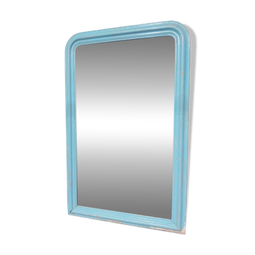 Grand miroir Louis-Philippe XIXe en bois et stuc patine bleu turquoise