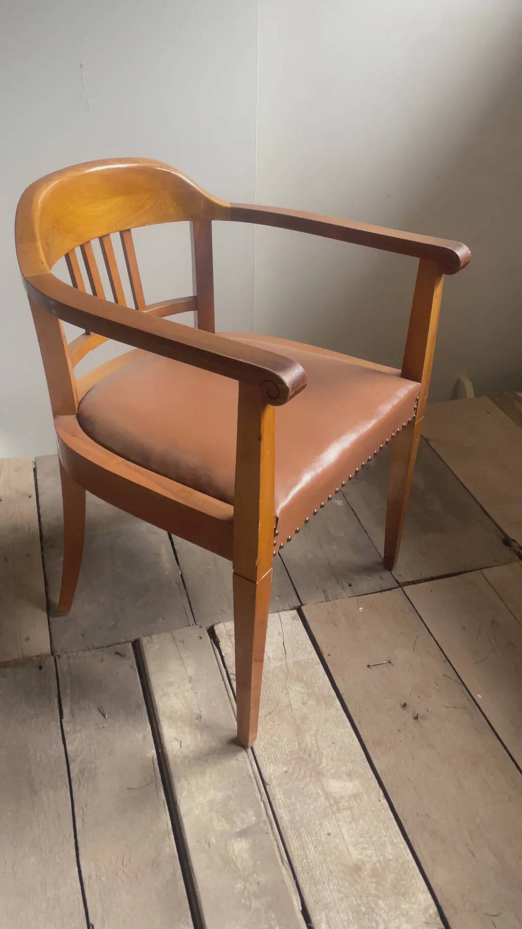 Swiss Art Deco Wood Armchair with Brown Leather Seat, 1930s