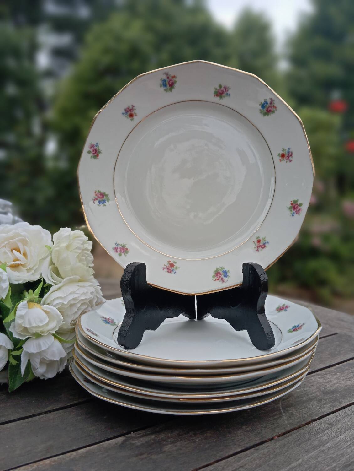 Assiettes à dessert x 7 porcelaine rétro 1920/50 à fleurs, CH-RENOU