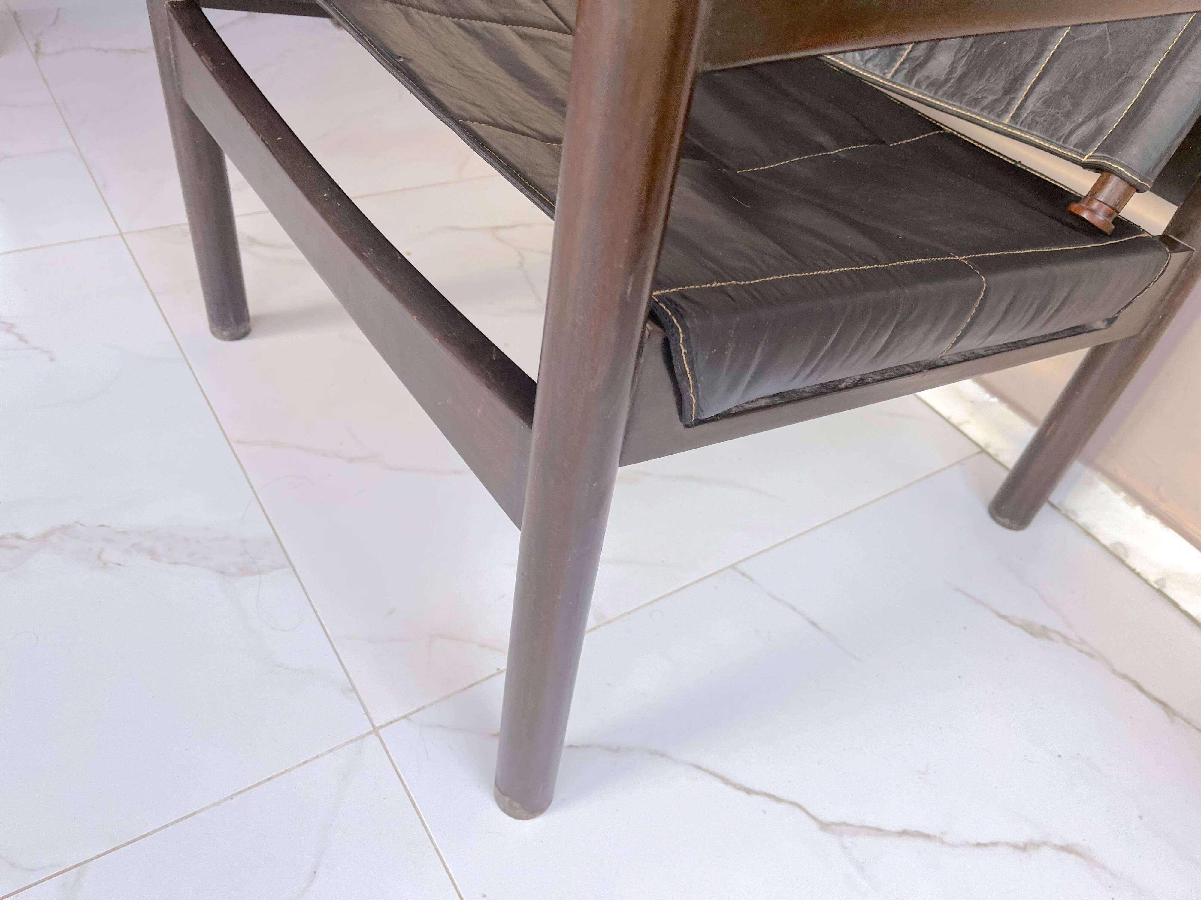 Safari armchair, wood leather, Brazil 1960's