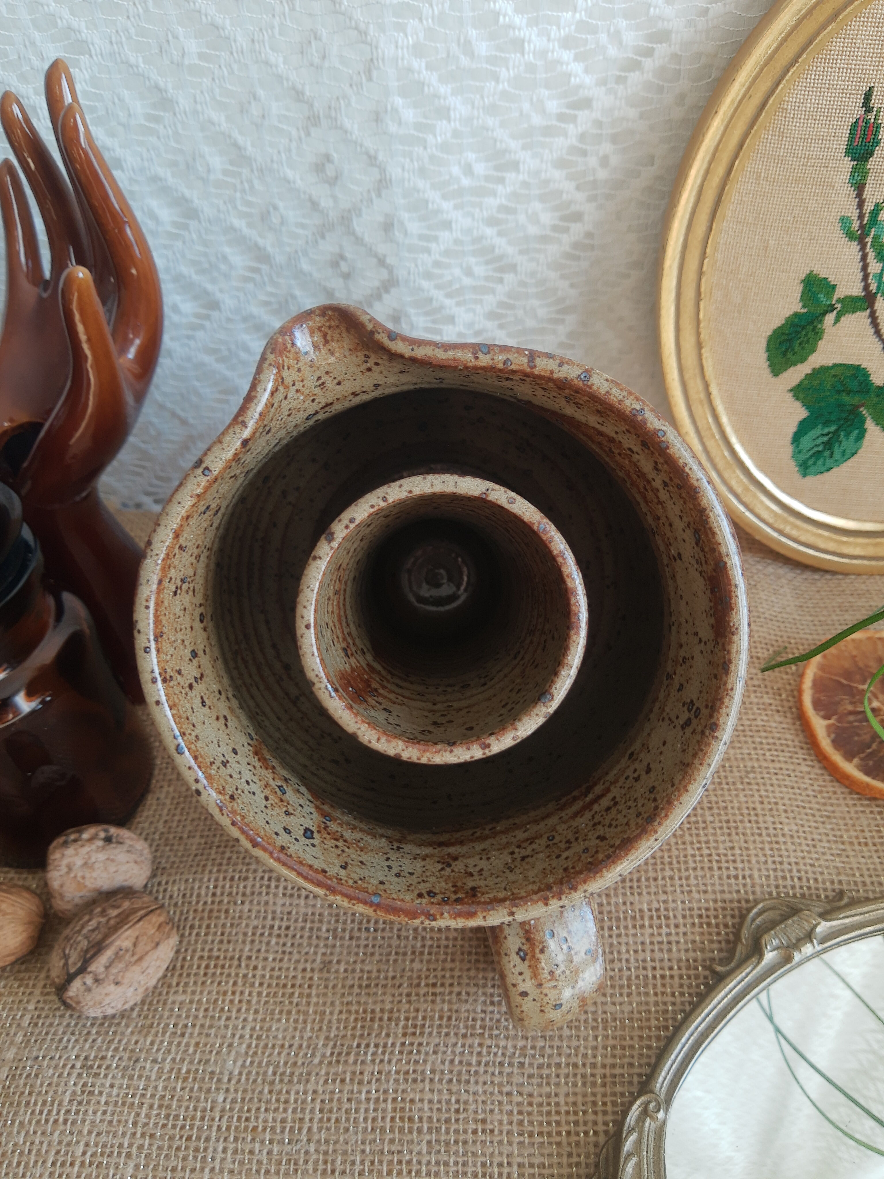 Enamelled stoneware decanter / pitcher with ice cube reserve - vintage