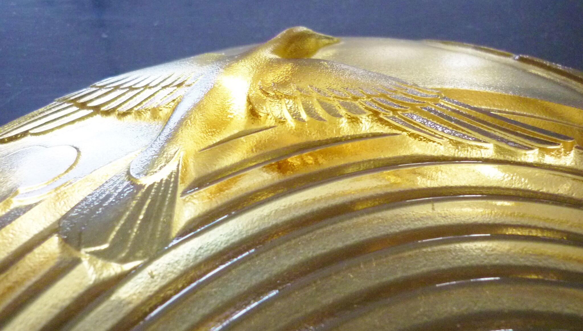 Cup, art deco centerpiece, 1930, pressed glass, molded, signed A.Miguel, albatross