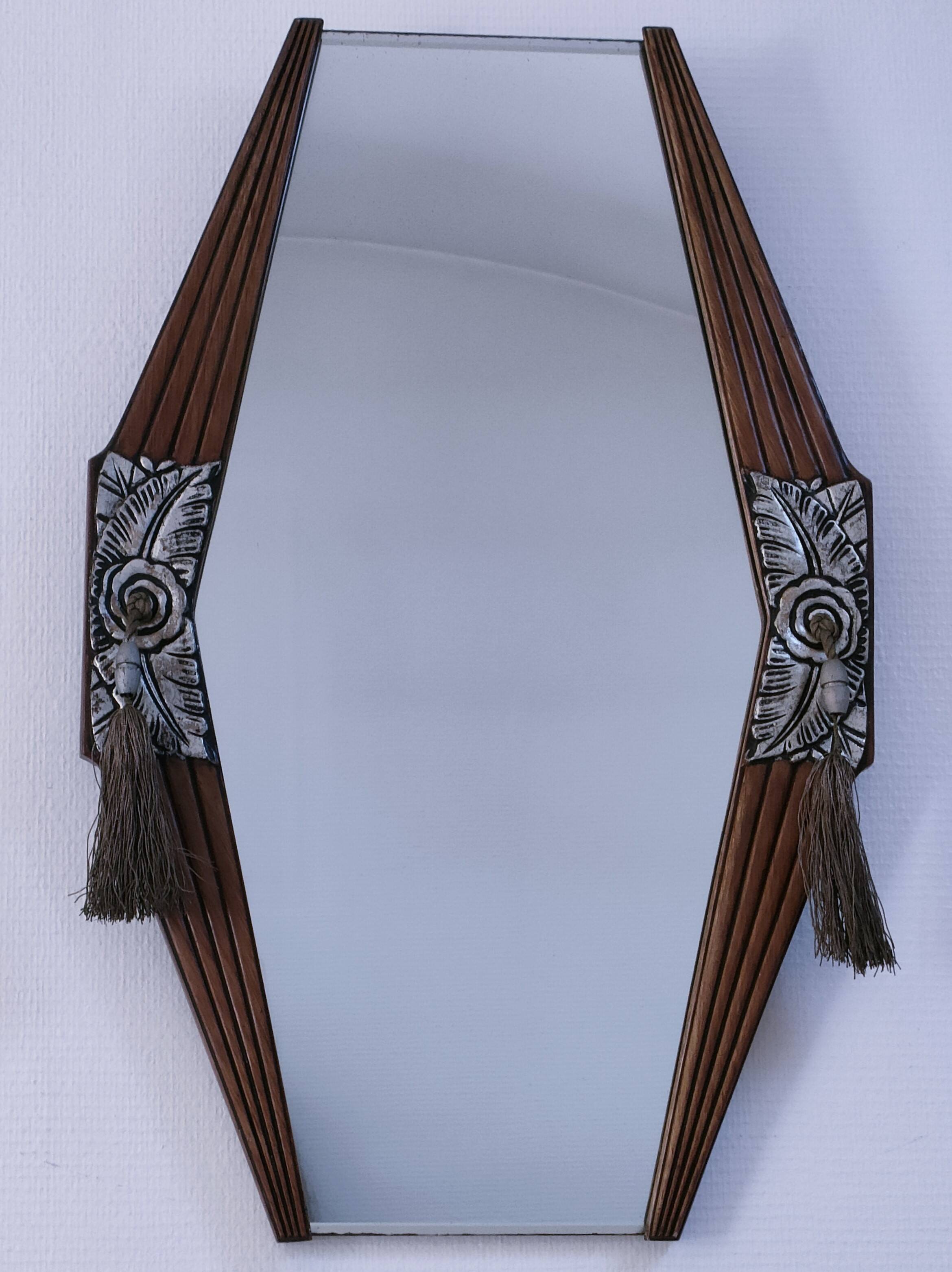 Miroir Art Déco en bois, stuc et passementerie