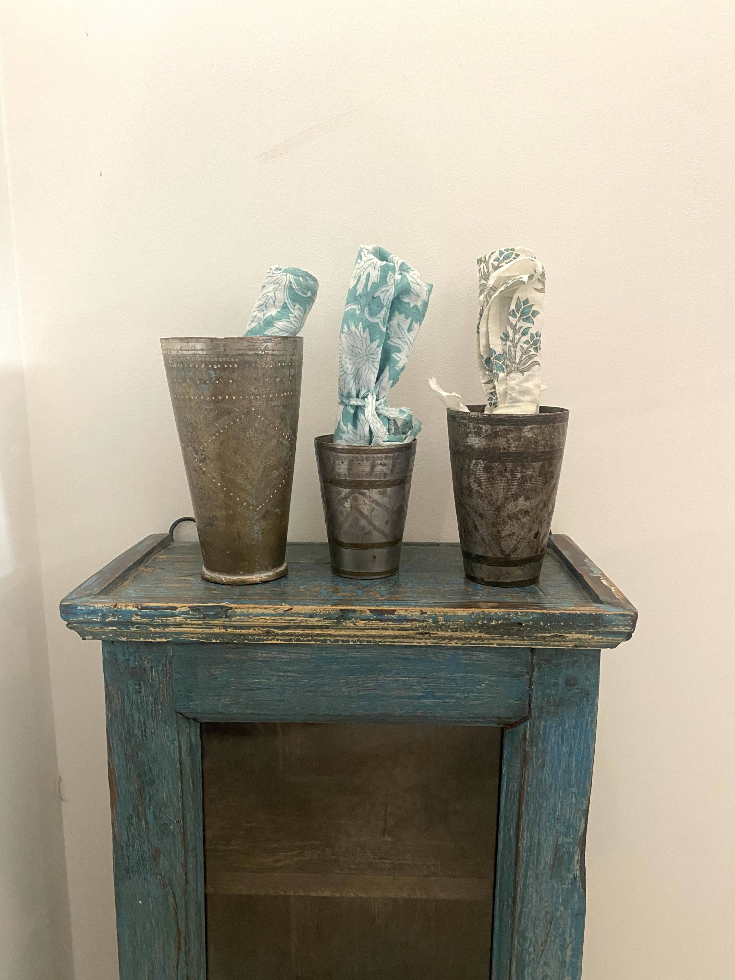 Small wall display case in blue lacquered teak