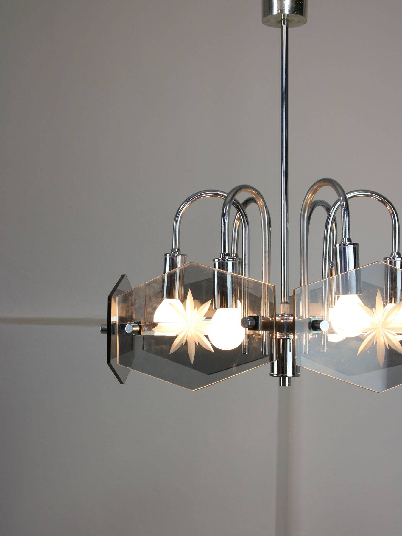 Vintage Italian Chrome and Glass Chandelier, 70s