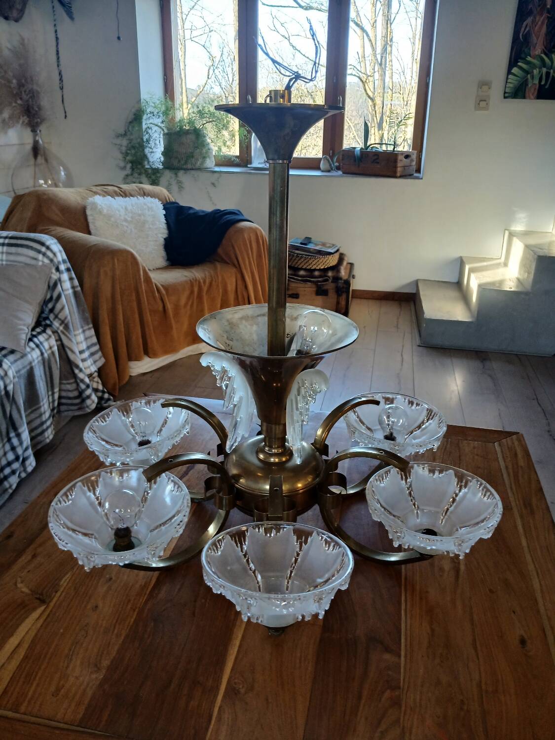 Antique Art Deco brass and glass chandelier