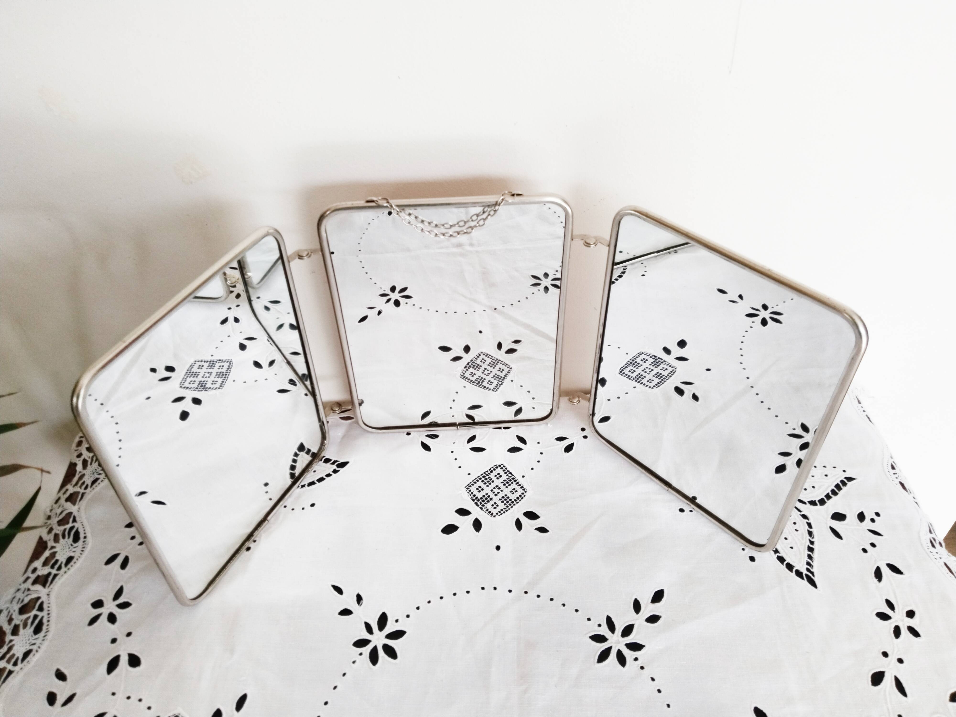 Triptych barber mirror, with chain