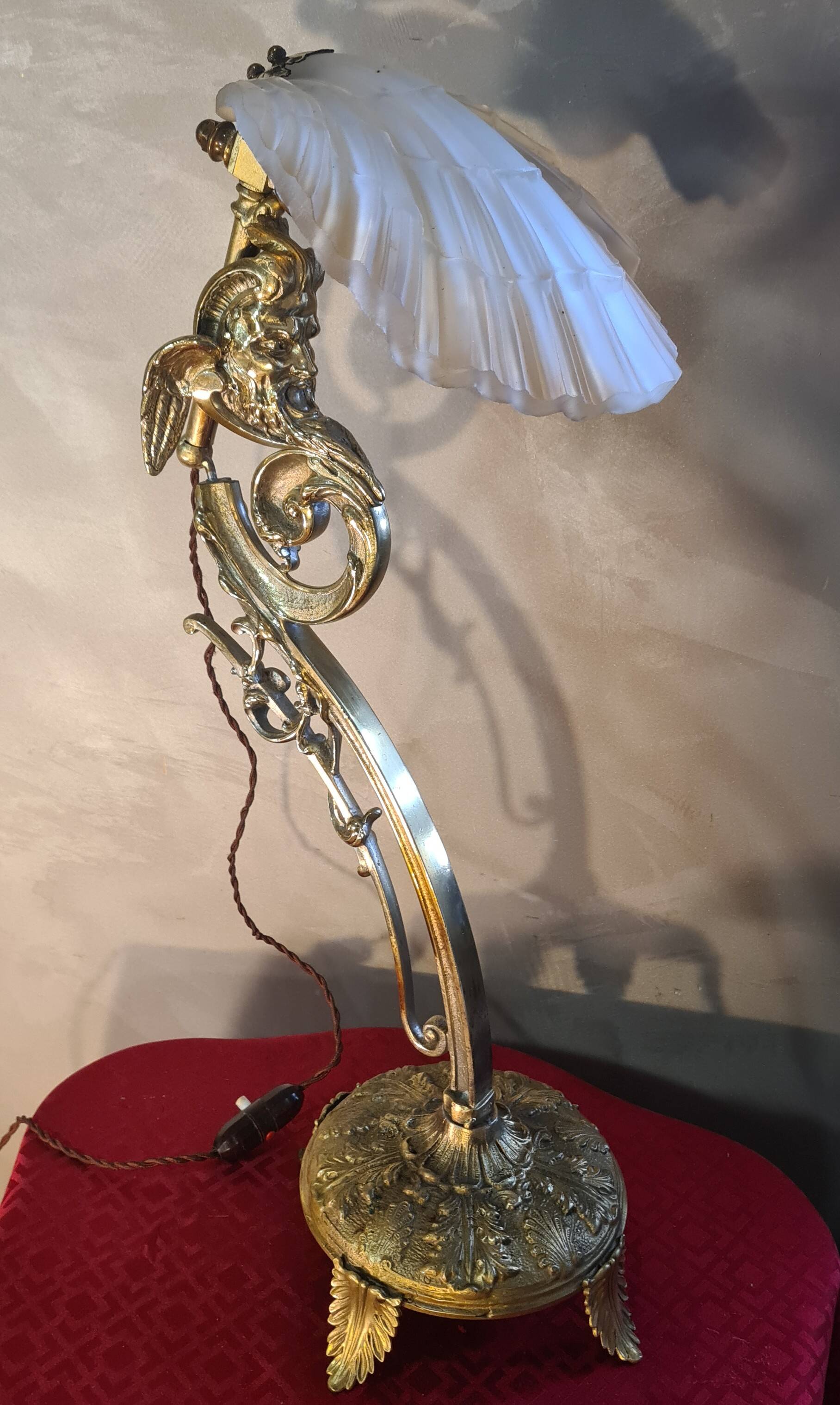 gilded bronze lamp 58x25x6kg glass shell lampshade 1960 original electric o