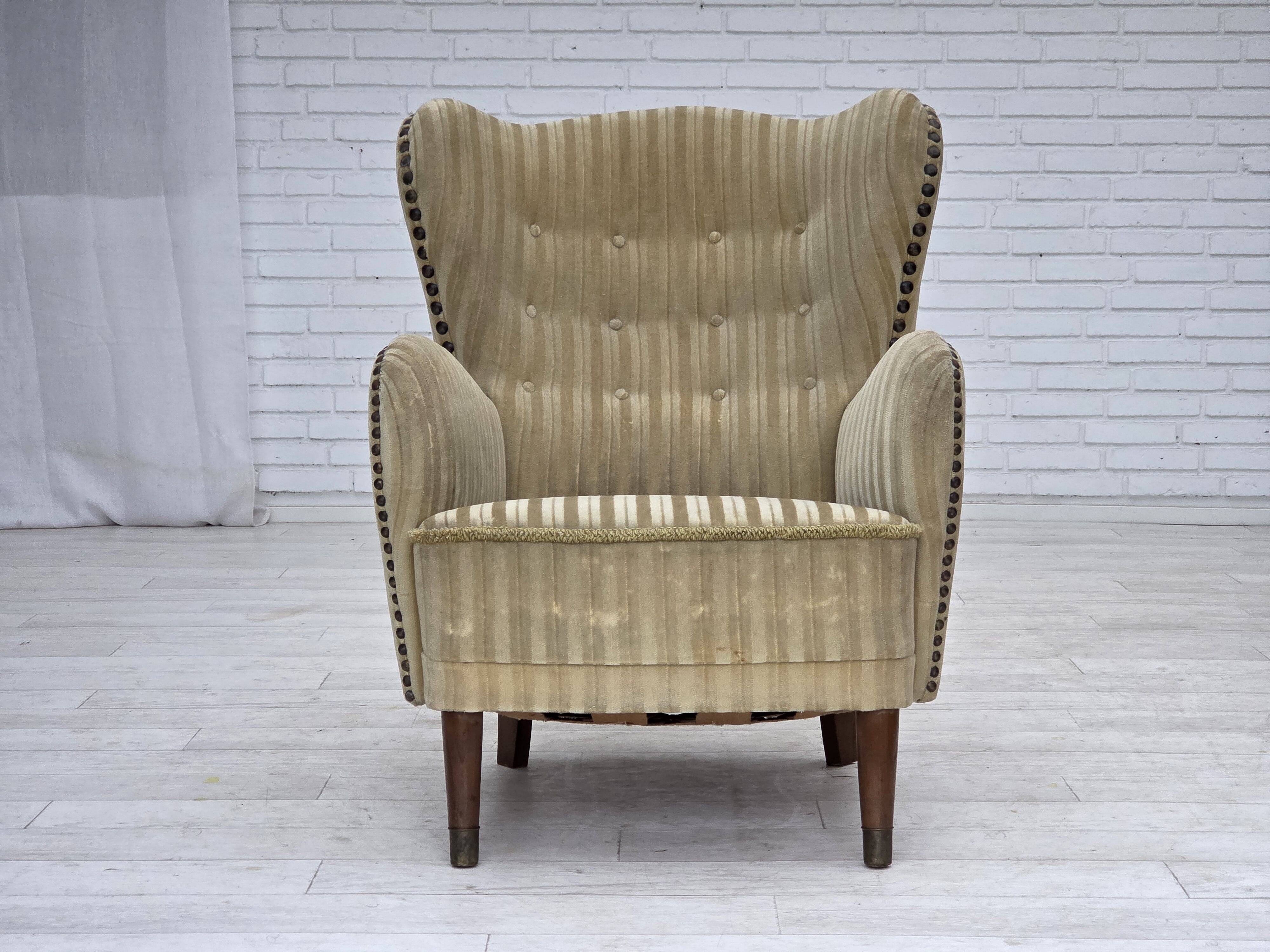 1960s, Danish armchair, light green furniture velour, beech wood.