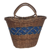 Panier vintage osier tressé bande bleue
