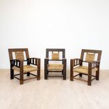 Neo-Basque sculpted armchairs in straw and oak, 1940s, set of 3