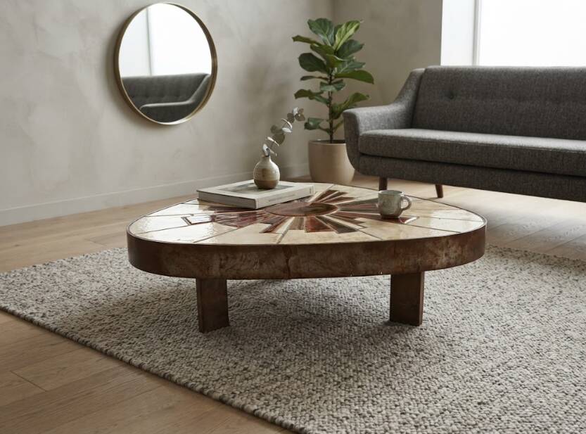 Vintage coffee table in ceramic and metal, signed Barrois.