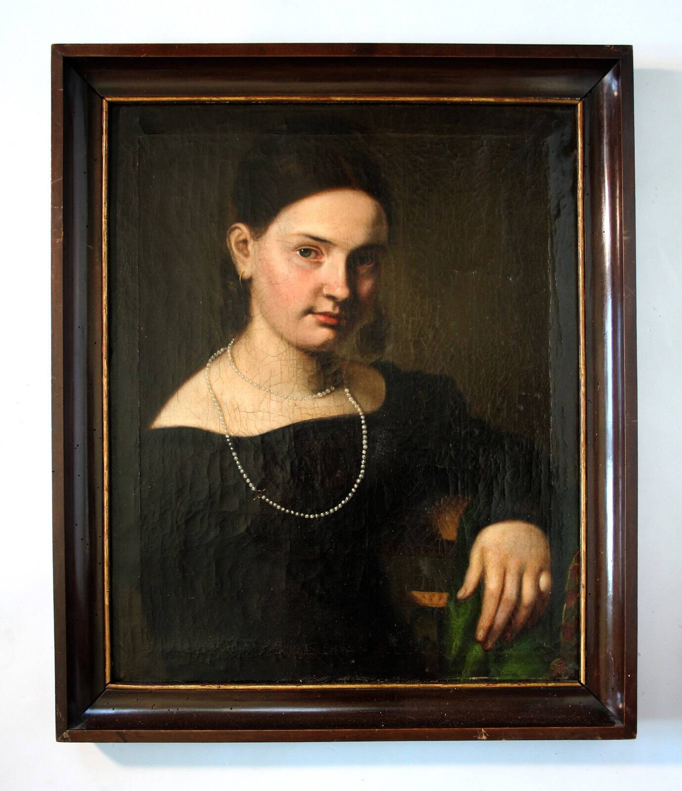 19th Century Oil Painting Portrait Young Lady   Wearing Pearl