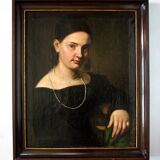 19th Century Oil Painting Portrait Young Lady   Wearing Pearl