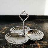 Vintage three-bowl server in silver-plated metal, shell decoration 1970-80.