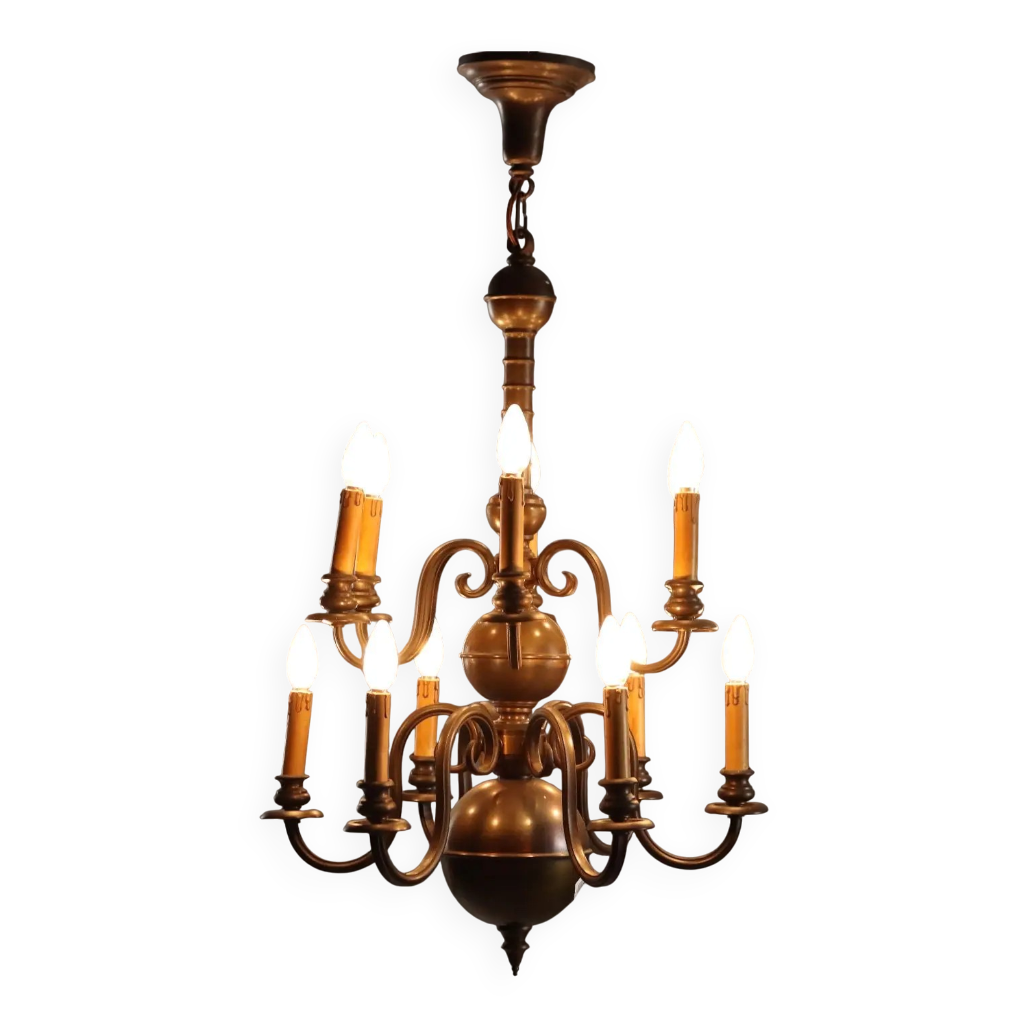 Antique bronze and glass chandelier with 12 lights, Netherlands, 20th century.