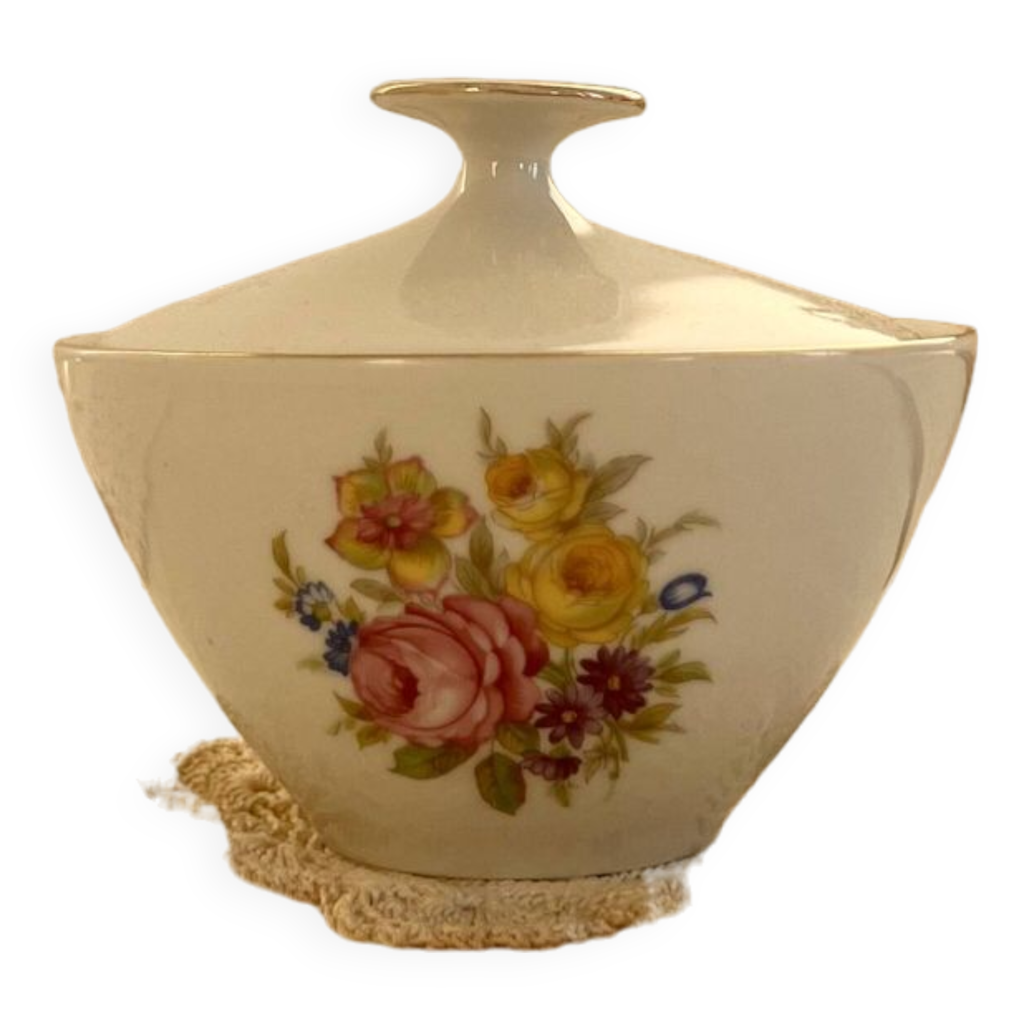 Vintage white porcelain sugar bowl and cottage core floral pattern