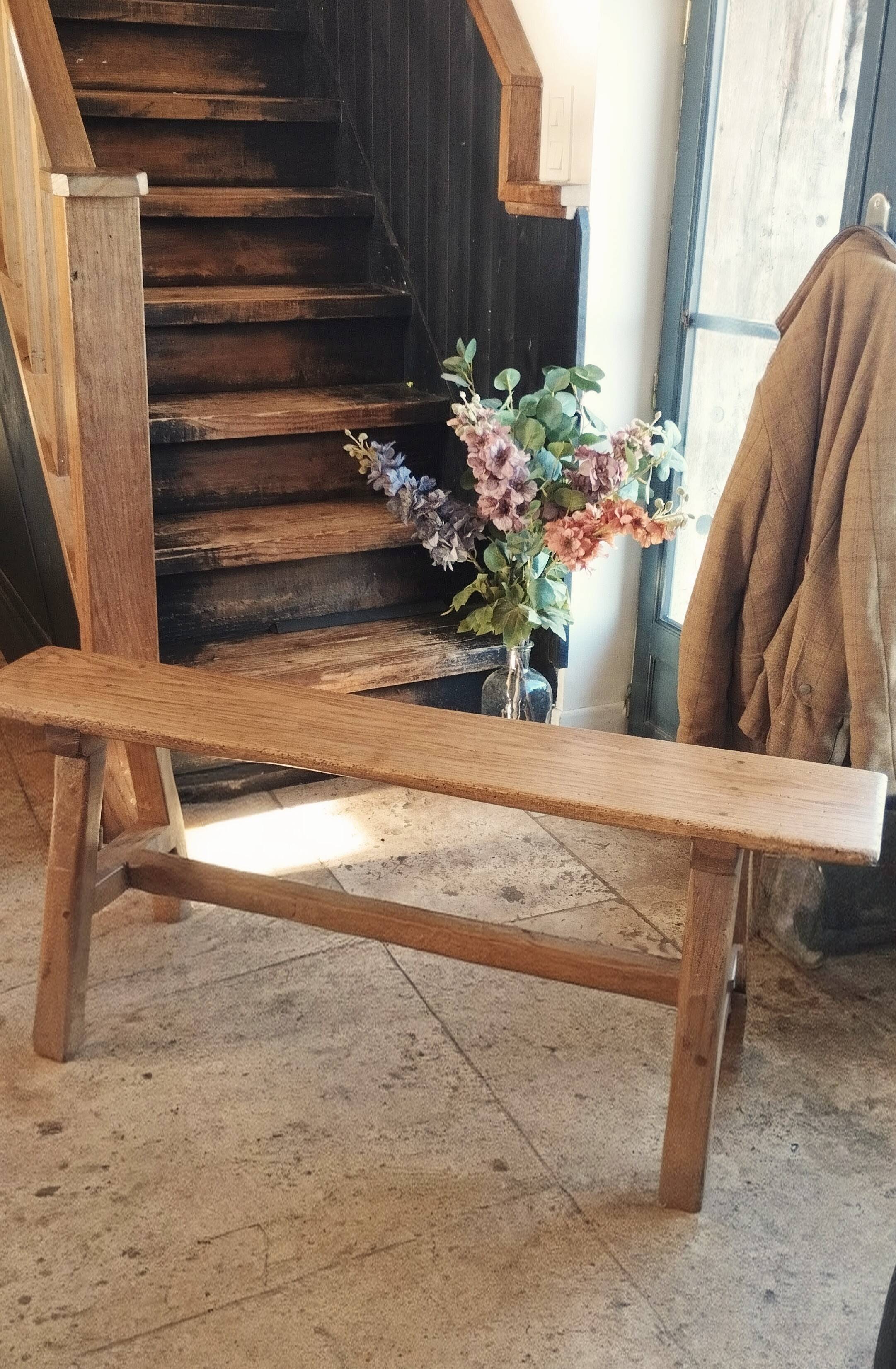 "A frame" bench in solid oak, patinated.