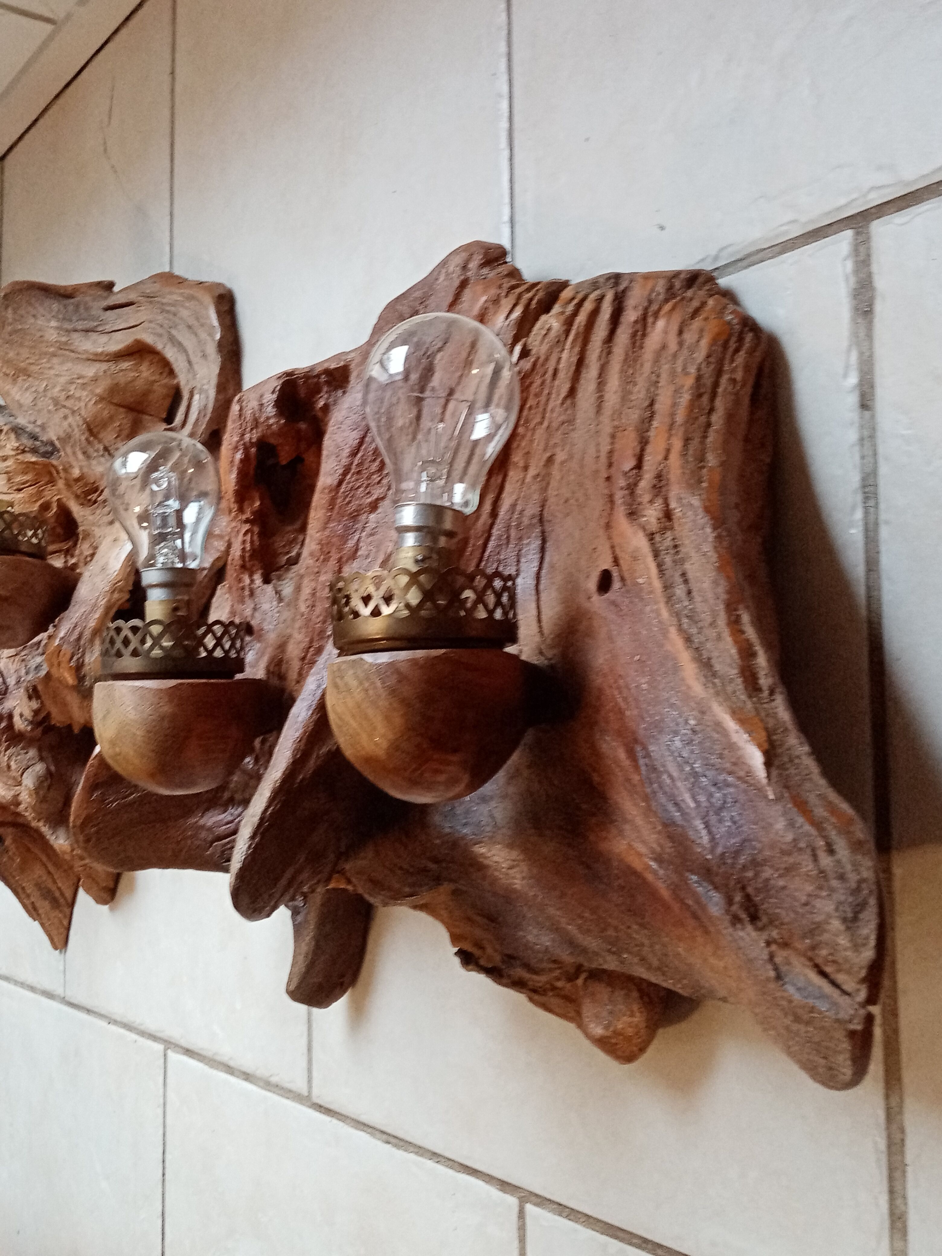 Pair of vintage brutalist wood wall lamp