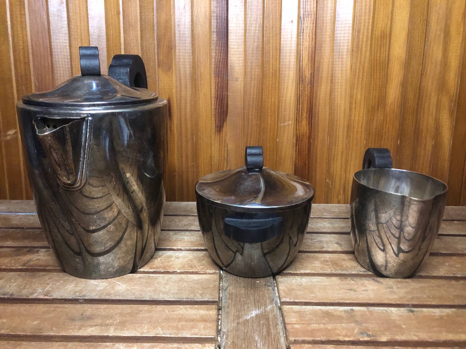 Old art deco coffee tea service silver metal & vintage black wood handles #a591