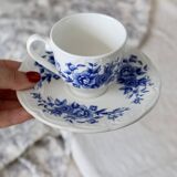 4 tasses anciennes en faïence Sarreguemines bleue et blanche - Soucoupes as