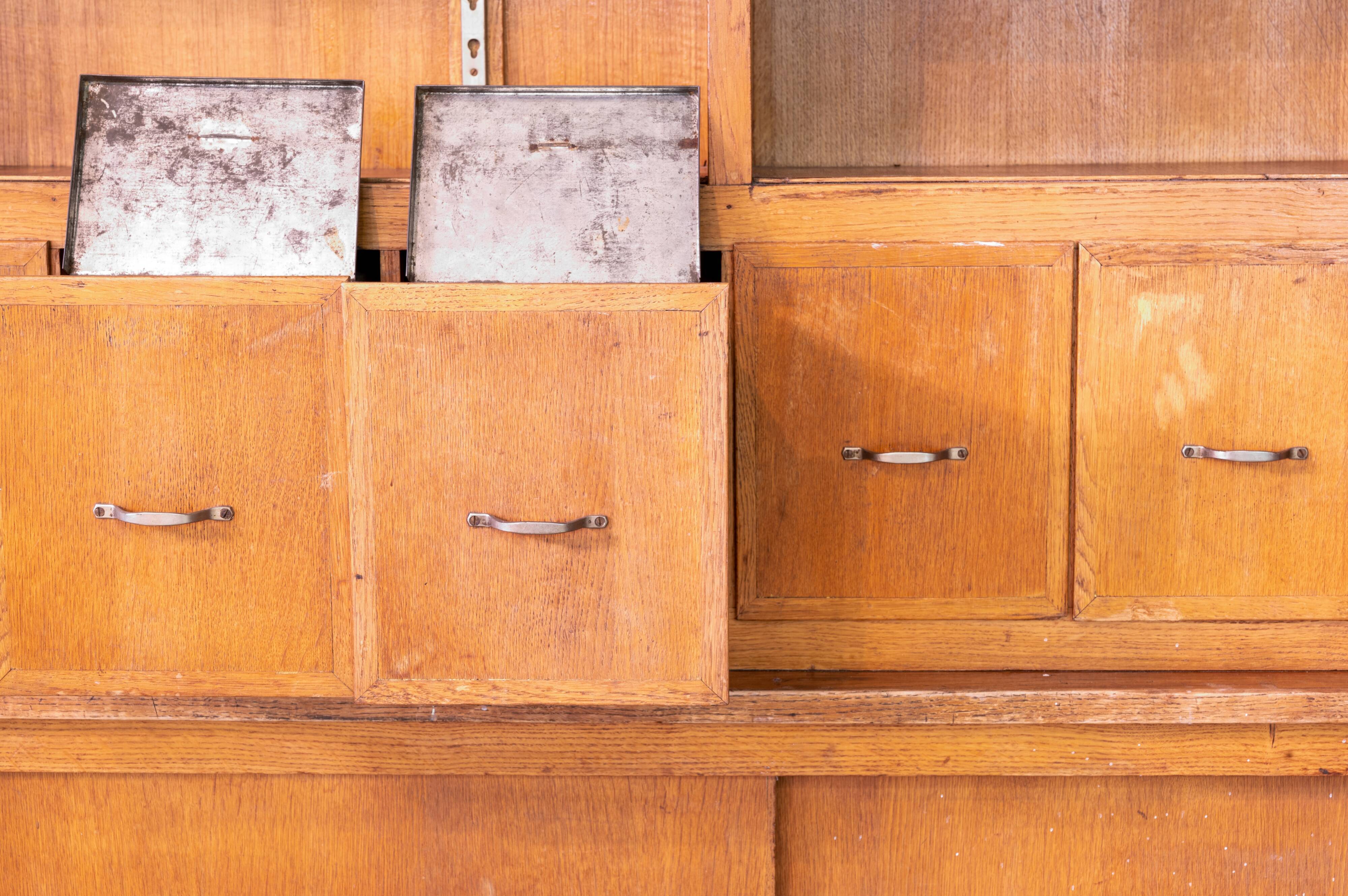 Vintage haberdashery grocery cabinet old shop interior, 1950s