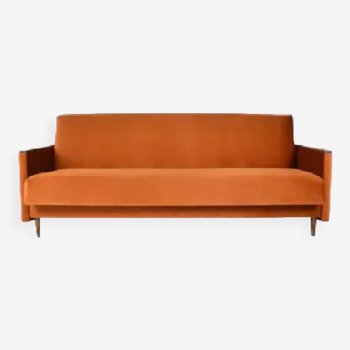 Vintage sofa, convertible couch, fully restored, 1960s, russet orange velvet