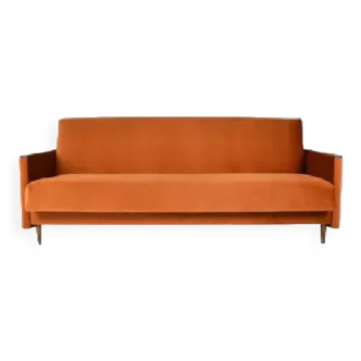 Vintage sofa, convertible couch, fully restored, 1960s, russet orange velvet