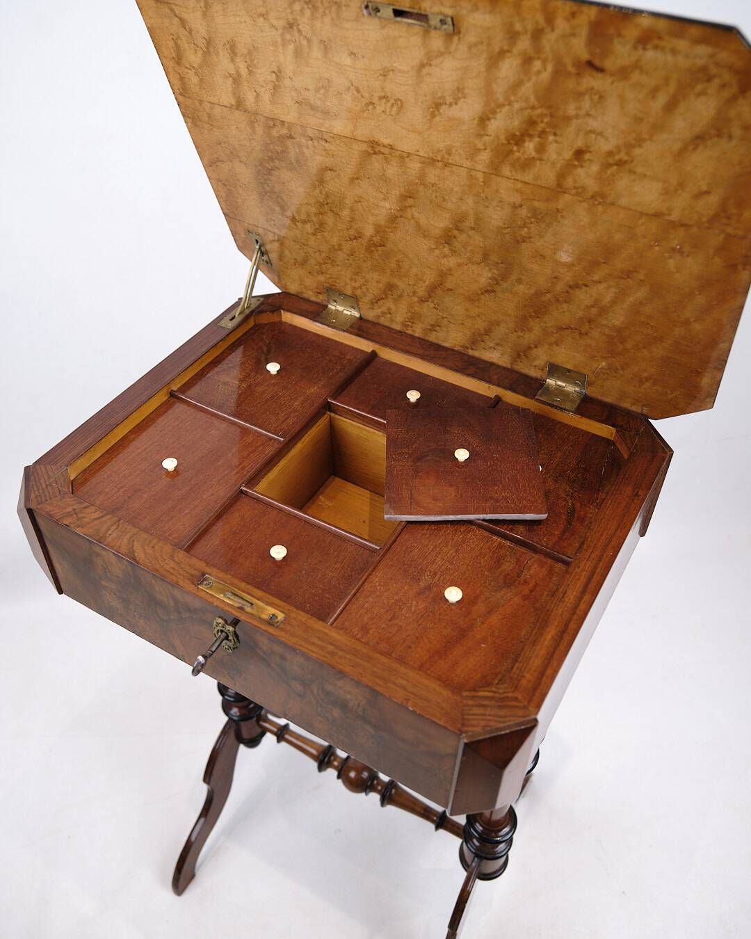 Antique sewing/side table with built-in storage - hand polished mahogany - turned legs - year 1890s