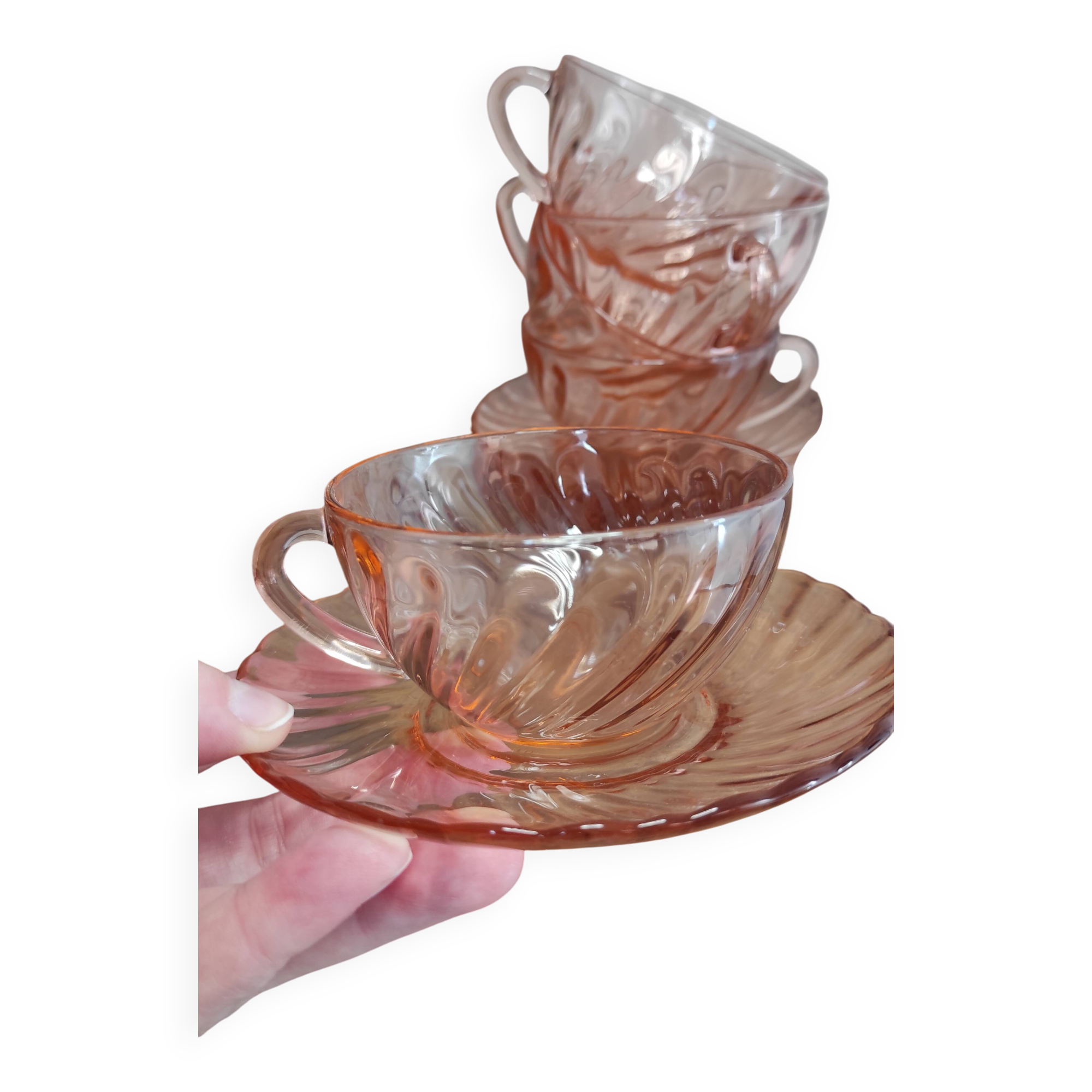 Set of 6 Rosaline Coffee Cups with Saucers in Translucent Glass