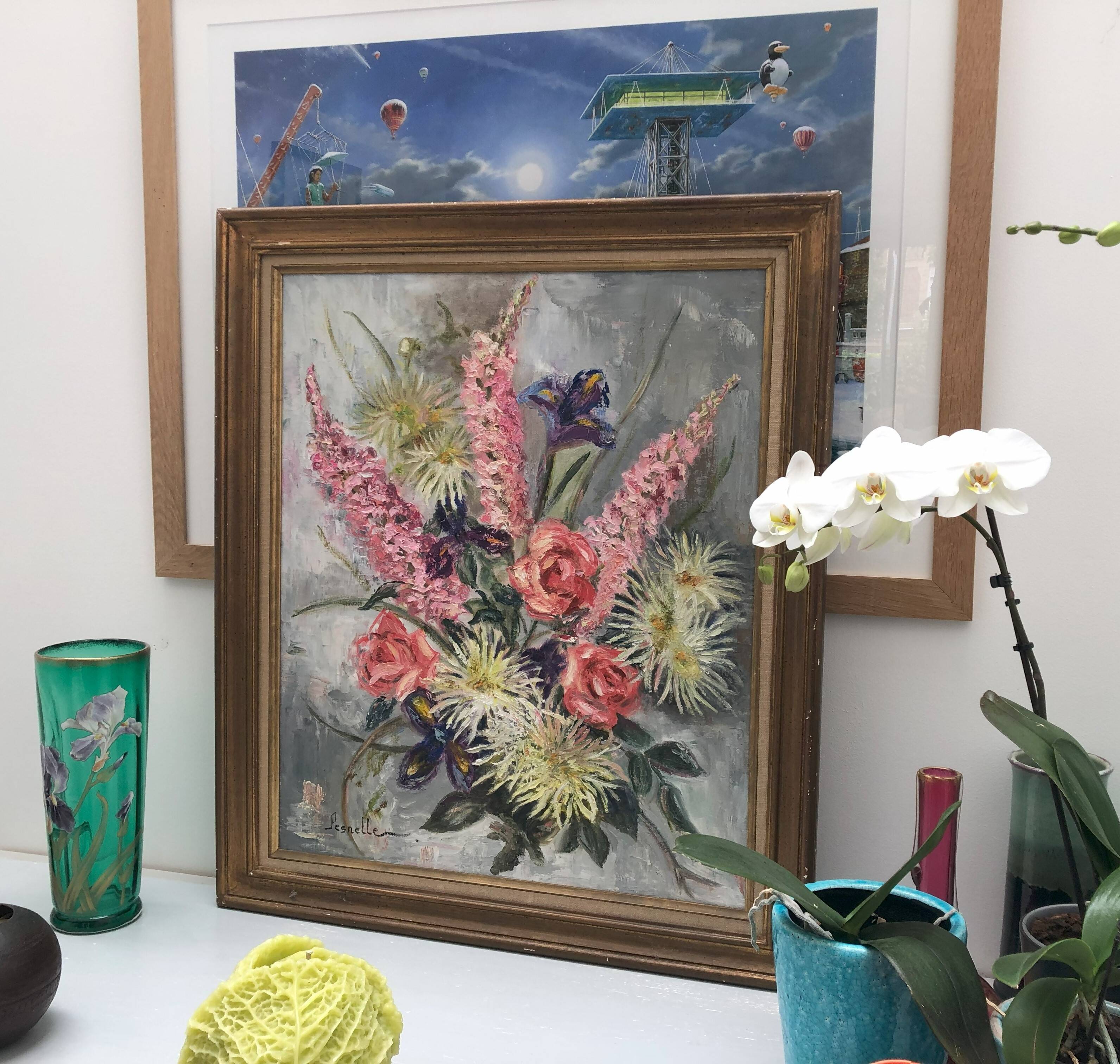 Old painting bouquet of pink flowers, iris, lupine, dahlia