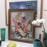 Old painting bouquet of pink flowers, iris, lupine, dahlia