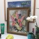 Old painting bouquet of pink flowers, iris, lupine, dahlia