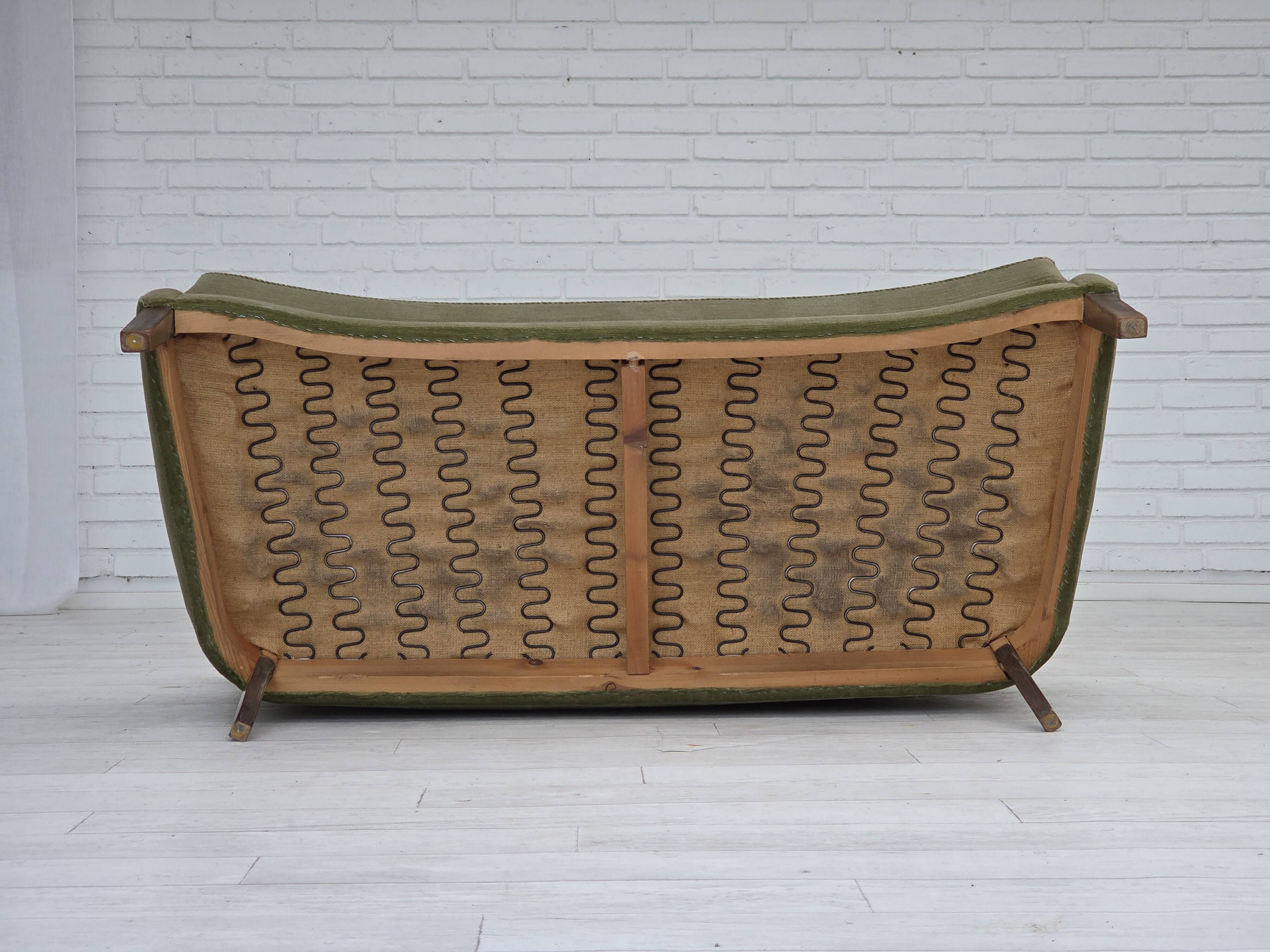 1960s, Danish curved 2-seater sofa, furniture velour, beech wood.