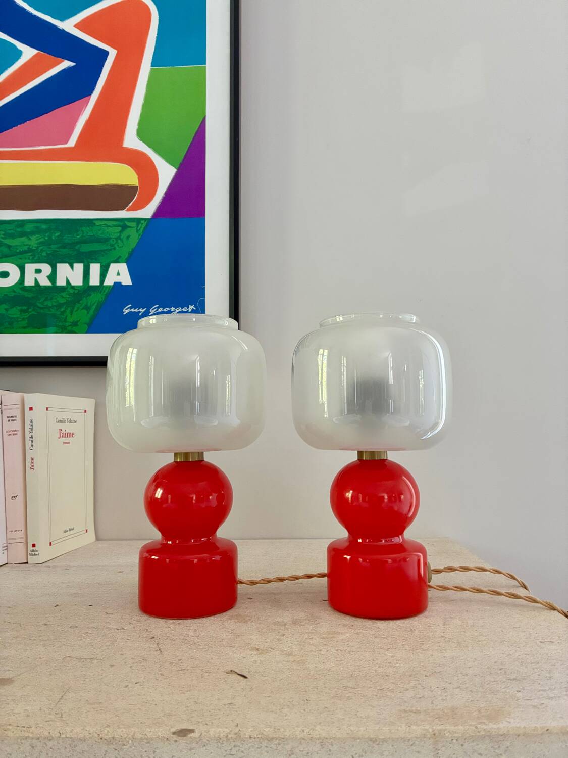 Pair of bright red glass "Globes" bedside lamps, 1960
