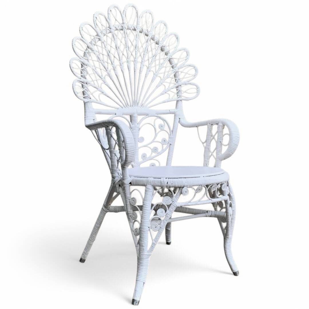 Emmanuelle Peacock white rattan armchair 1970