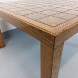 Vintage square coffee table in oak wood and ceramic from the 60s and 70s