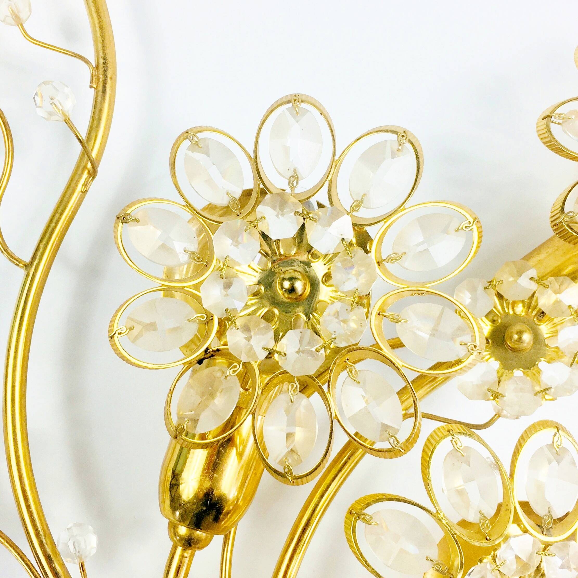 Pair of Extra Large Mid Century Gilt Brass & Crystal Flower Shape Wall Lights from Palwa, Germany