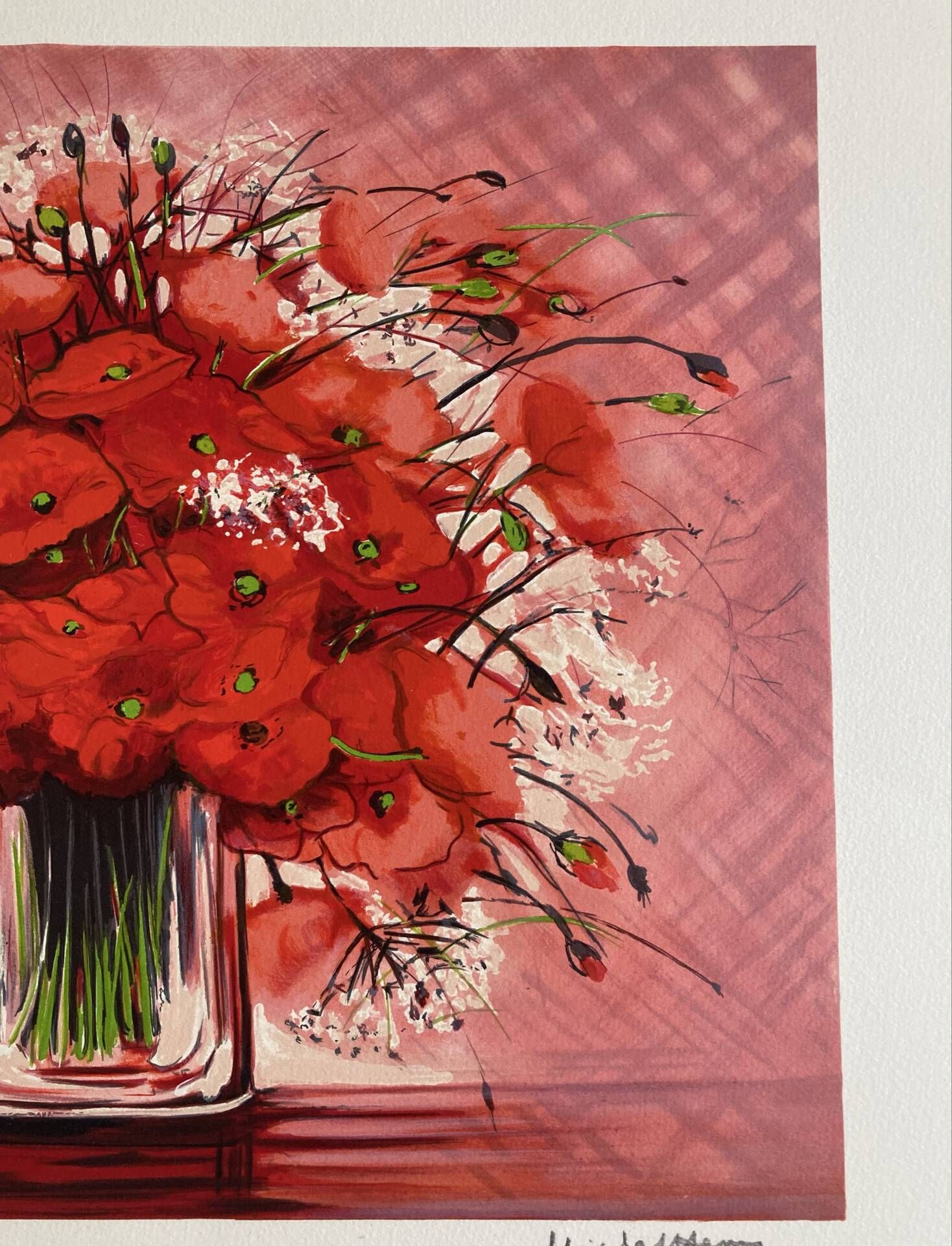 Lithographie originale signée Michel Henry - Bouquet de Coquelicots