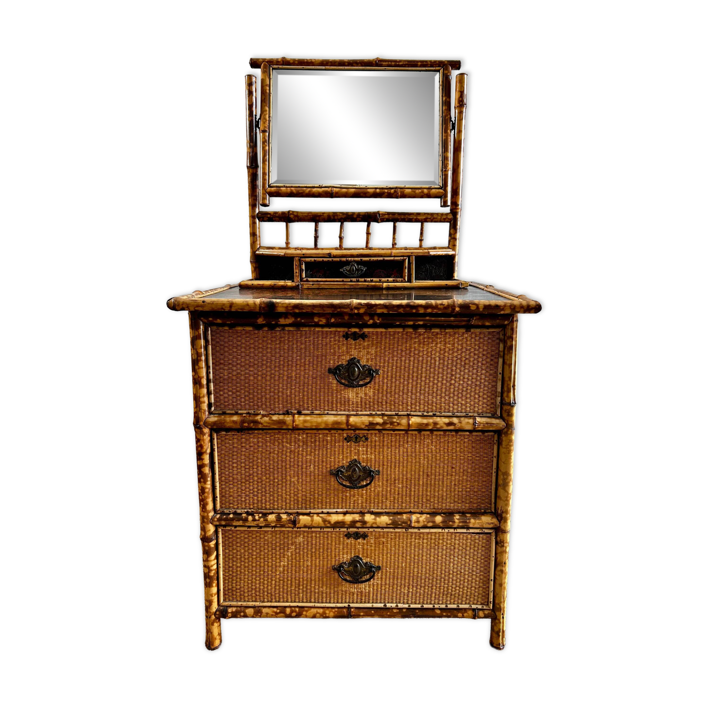 Victorian tiger bamboo, cane & chinoiserie dressing table with drawers, England 1880s, aesthetic movement