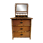 Coiffeuse victorienne 3 tiroirs en bambou tigré, rotin et chinoiserie, Angleterre années 1880