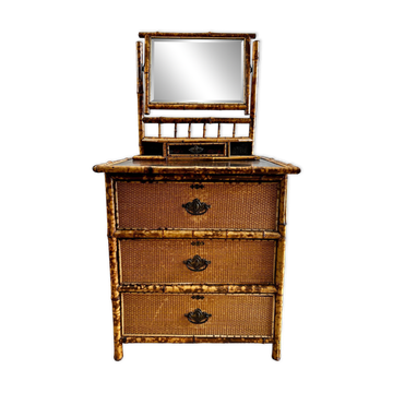 Coiffeuse victorienne 3 tiroirs en bambou tigré, rotin et chinoiserie, Angleterre années 1880
