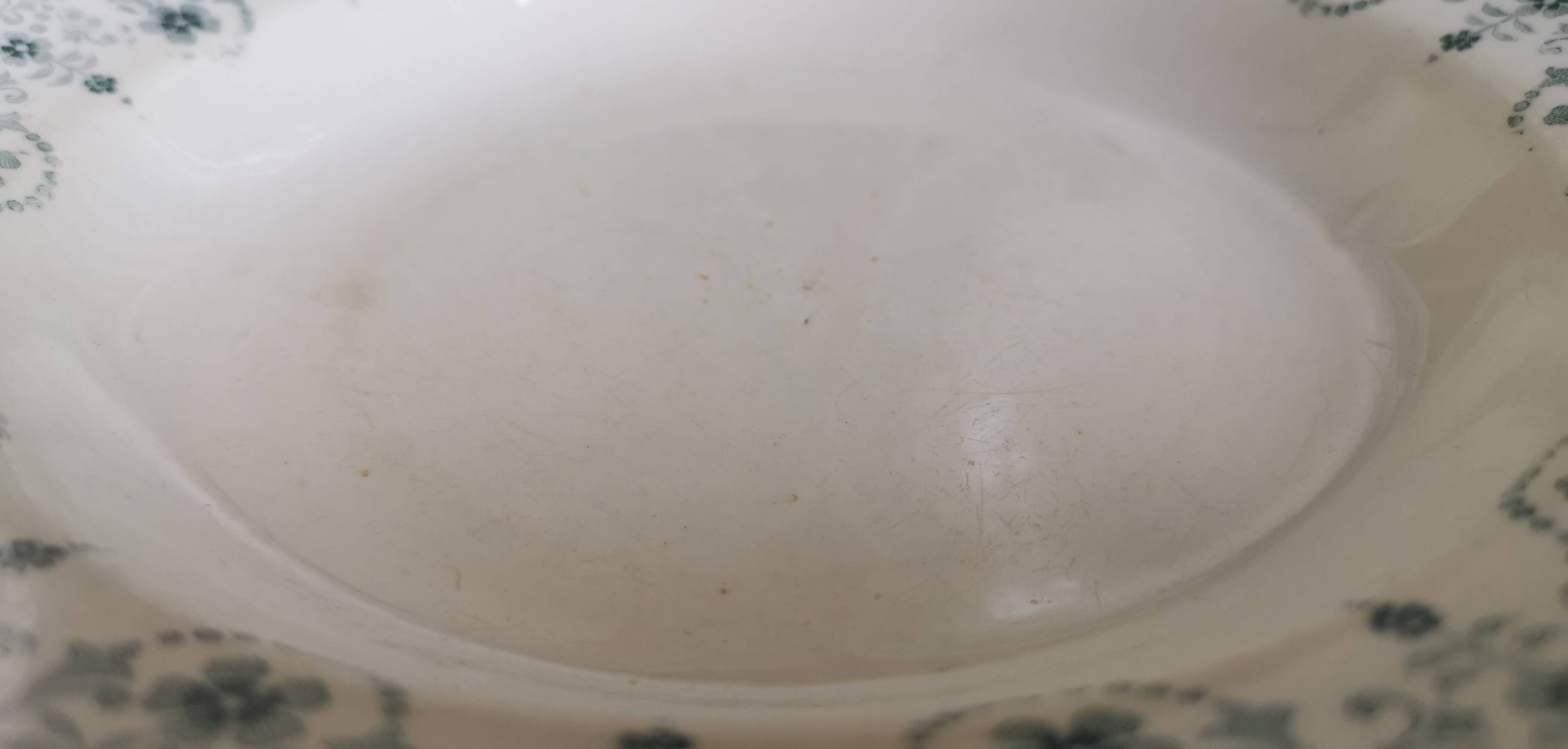 6 old mismatched deep plates Terre de Fer, glass and blue colors