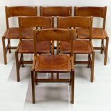 Set of 6 Maison Regain Chairs - Solid Elm and Fawn Leather - Circa 70