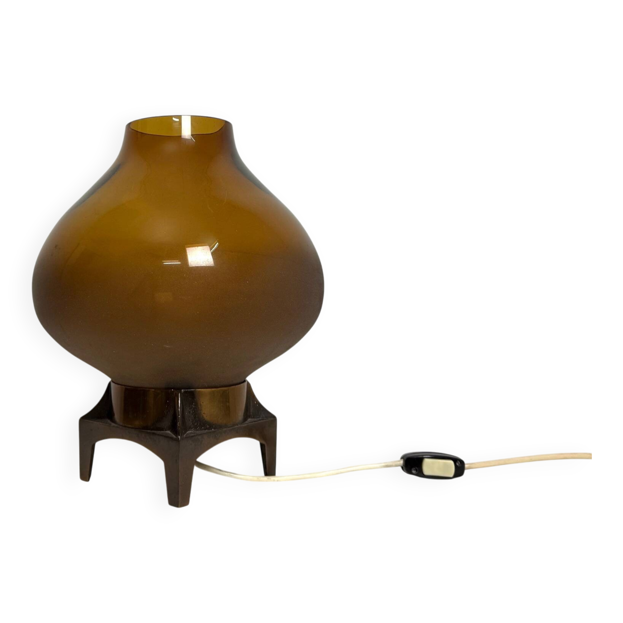 Mid-Century Modern 1960s-70s Table Lamp, Amber Glass Shade and Metal Base