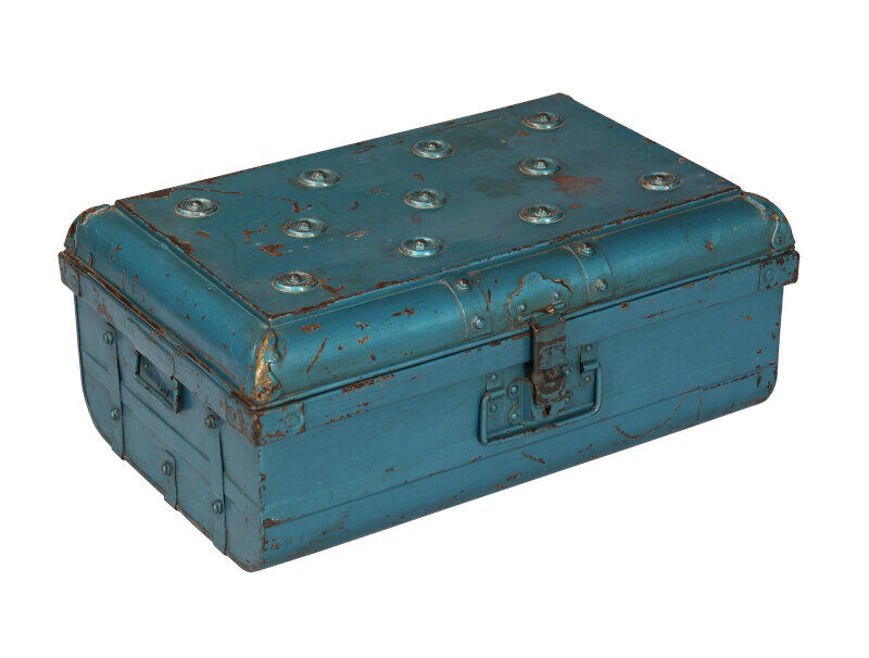 Indian travel trunk blue metal Victorian era